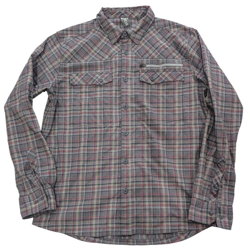 STIO Eddy Shirt Plaid Western Button Up Grey Red Mens Large Long Sleeve Stretch